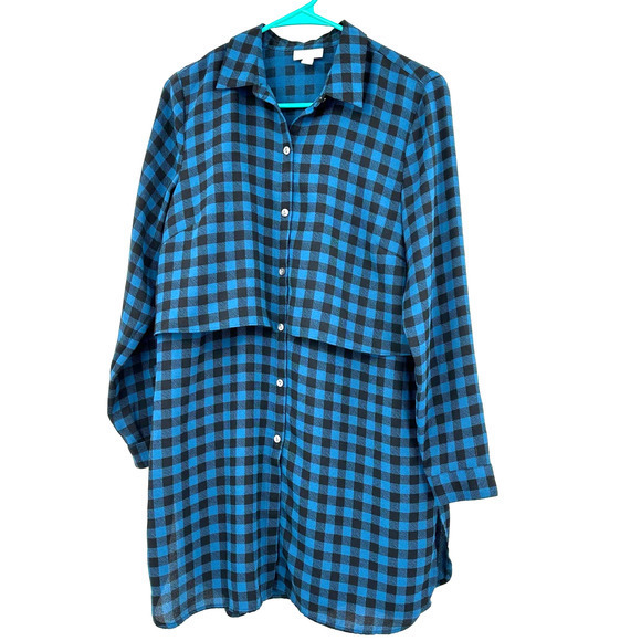 J. Jill size Small long sleeve‎ tunic blouse blue black plaid check - Picture 1 of 6